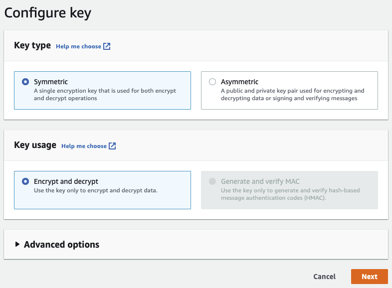 AWS KMS 키 생성 1단계 - 키 타입 선택